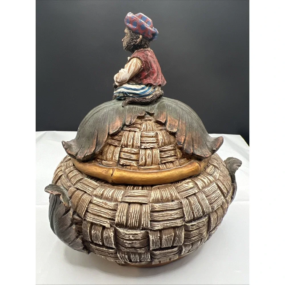 Vintage Lidded Monkey Trinket Box Resin Woven Basket Tureen Jar Jungle Decor